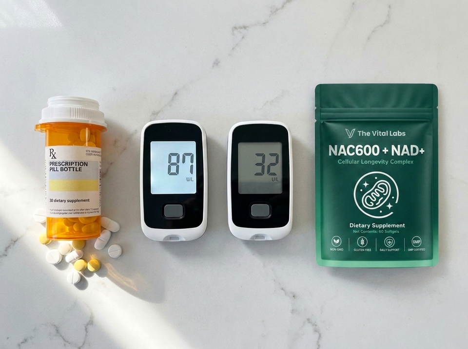 The Vital Labs NAC600 + NAD+ softgels and bottle
